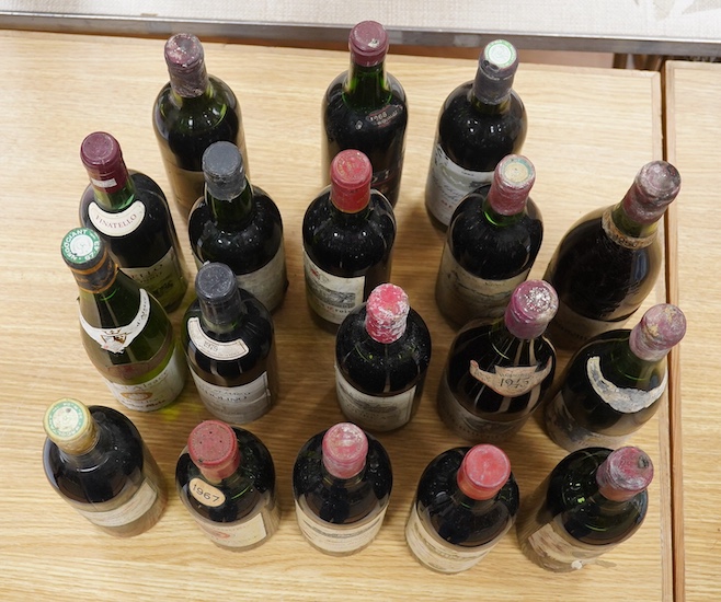 Eighteen bottles of wine, including; a 1950 Chateau Gilette, a 1966 Chateau Belgrave, a 1985 Chateau Haut Sarpe Grand Cru Classe, a 1985 Chateau La Croix Pomerol, a 1967 Chateau Plaisance Cotes de Bourg, etc. Condition -